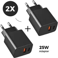 WISEQ USB C snellader 25W - 2 stuks - 2x USB C en USB A dubbele poort oplader - geschikt voor Samsung Galaxy en iPhone 17 / 16 / 15 - zwart -