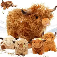 Merkloos Highland Cow pluche knuffel 36 cm, 4 kalfjes met rits, wasbaar, voor kinderen