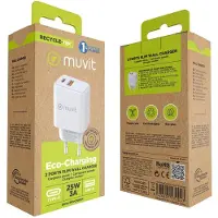 Muvit For Change universele oplader met wisselende stekker, met 1 USB QC 3.0 poort (18W) en 1 Type C PD poort (25W), wit