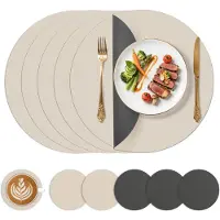 Famanu – Placemats, afwasbaar, diameter 38 cm, 6 ronde placemats, hittebestendig, dubbelzijdig waterdicht, antracietgrijs + beige