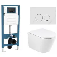 Qeramiq Dely Toiletset - inbouwreservoir Flush - 35mm zitting - natuursteen wit marmeren bedieningsplaat - ronde knoppen - mat wit SW1026254/SW1448813/SW1000767/SW1244456