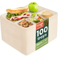 Haago – 100 Vierkante Bagasse Borden met 5 Compartimenten, 26cm – Sterk – Biologisch Afbreekbaar & Thuis Composteerbaar
