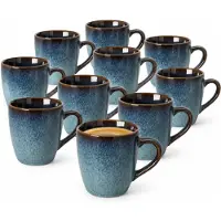 Excellent houseware Koffiemokken Pompei - 10x stuks - Keramiek - blauw - 350 ml - 9 x 11 cm - old stone look