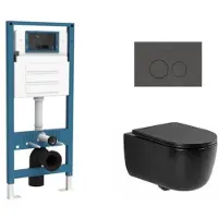 Qeramiq Dely Swirl Toiletset - inbouwreservoir Flush - slim zitting - natuursteen donker marmeren bedieningsplaat - ronde knoppen - mat zwart SW1026258/SW1448813/SW1000768/SW1244455