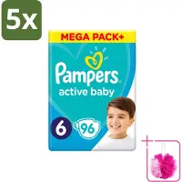 Pampers 5 x - Active Baby - Luiers - Maat 6 (13-18 kg) - Extra Groot - 96 Luiers - Bulkverpakking - Luiers voor baby - Douchemop - Droge luiers