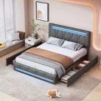 Rosahqnda Gestoffeerd bed met 4 lades, 140 x 200 cm, modern tweepersoonsbedframe in grijs linnen met ledverlichting, zonder matras (wordt in 2 pakketten verzonden)
