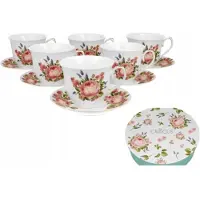Duo Set van 6 Porseleinen Kopjes met Schotels, 250ml, Bloemendecor
