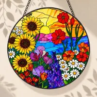 OEM Zonnevanger voor het raam, hangend, landschap met zonnebloemen, glas/metaal, rond