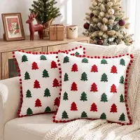 Snq Kerstboom Geborduurde Kussenslopen - Set van 2 - 45x45 cm - Met Rode Pompon Rand - Feestelijke Kerstdecoratie voor Bank, Sofa, Bed en Woonkamer