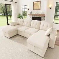 OKWISH U-vormige slaapbank met 2 chaise longues, LED-verlichting en 2 kussens, modulaire hoekbank met USB/Type-C poorten, ruime opbergruimte, beige