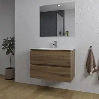 Saniclass Chaci Badkamermeubelset - 80x45x55cm - keramische wastafel wit - 1 ovale wasbak - 1 kraangat - 2 lades - rechthoekige spiegel - noten (hout) SW1212764/SW718717/SW724611