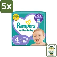 Pampers 5 x – Luiers – Active Baby Maat 4 (9-14 kg) – 62 Luiers - Wasstrips - Luiers Voor Baby - Droge Luiers - Actieve Baby - Superabsorberende Luiers - Anti-lek Luier
