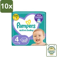 Pampers 10 x – Luiers – Active Baby Maat 4 (9-14 kg) – 62 Luiers - Wasstrips - Luiers Voor Baby - Droge Luiers - Actieve Baby - Superabsorberende Luiers - Anti-lek Luier