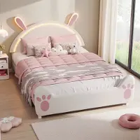Rosahqnda Cartoonbed 140x200cm, kinderbed met houten lattenbodem, hoofdeinde met konijnenoortjes, veranderlijke verlichting, flanel materiaal