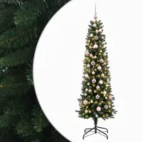 vidaXL Smalle kunstkerstboom met kerstbal 210 cm 300 LED's Warmwit