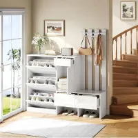STILVORA Schoenenkast - 7-in-1 Met Zitbank, Klapvakken En Lades - Voor Hal En Entree - MDF - 160x35x160 Cm - Wit