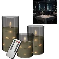 VA-Cerulean LED-kaarsen, set van 6, matgrijs – flikkerend, met lichtdraad, afstandsbediening en timer, geschikt voor tafel, plank en in huis