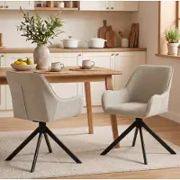OKWISH Eetkamerstoel 55 x 60 x 82 cm - 360 Graden Draaibaar Met Armleuningen - Voor Eetkamer En Woonkamer - Stof En Metaal - Beige