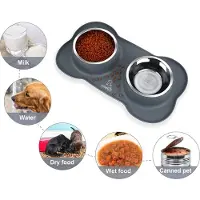 Pecute Hondenkommen Antislip, Roestvrijstalen Dubbele oKmmen Set met Anti-lek Siliconen Mattenbakje voor Middelgrote Honden Watervoer Voeren (26oz elke kom, grijs)
