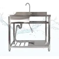 Merkloos Spoelbak vrijstaand, Spoeltafel - Roestvrij staal - Koud-warm-kraan - Buitenkeuken, tuin en camping