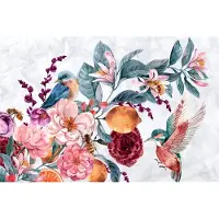 Karo-art 208cm X 146cm - Fotobehang - Waterverf vogel tussen kleurrijke bloemen, 11 maten, Inclusief behanglijm, prachtig op de muur