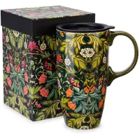 Famanu – Grote keramische mok met deksel, 17 oz, groen, met botanisch design