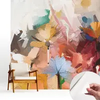 Wallfluent Zelfklevend Fotobehang - Beige Vliesbehang - 250x250 cm - Abstracte Bloemen Behang Zonder Lijm - Slaapkamer behang Deel - Luchtbelvrij Behang - Polyester Behang