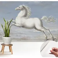 Wallfluent Zelfklevend Fotobehang - Wit Vliesbehang - 208x146 cm - Paarden In De Hindernis Fotobehang - Hal behang Dieren - Bubble Free Behang - Makkelijk Aan Te Brengen Behang