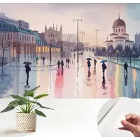Wallfluent Zelfklevend Fotobehang - Blauw Vliesbehang - 152x104 cm - Een Regenachtige Wandeling Behang Zonder Lijm - Slaapkamer behang Steden - Makkelijk Aan Te Brengen Behang - Bubble Free Behang