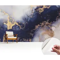 Wallfluent Zelfklevend Fotobehang - Marine Vliesbehang - 416x254 cm - Marineblauwe Golven Behang Zonder Lijm - Slaapkamer behang Abstractie - Scheurbestendig Behang - Polyester Behang