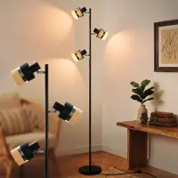 ZMH Vloerlamp woonkamer, staande lamp zwart, vintage, 3 lampen, E14, woonkamerlamp met voetpedaal, stoffen kap, 350° draaibare leeslamp voor slaapkamer