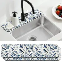 OEM Keukenwastafel spatbeschermer, waterkraanmat - Absorberende droogmat met bloemen- en vogelmotief - Geschikt voor keuken en badkamer - 60 x 14 cm - 2 stuks