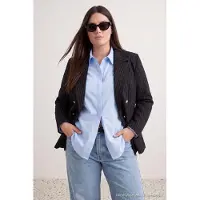 Trendyol Dames Zwart Gestreept Lang Getailleerd Grote maten Blazers
