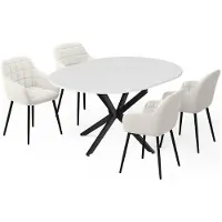 Vicco Eettafel set Loyd Wit/Zwart 120 x 120 cm met 4 eetkamerstoelen (beige), Model 62786