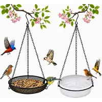 Famanu – Vogelvoederdispenser met ophanghaak, 18 x 18 x 3 cm, inclusief voerbak en waterbak