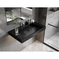 Vente-unique Hangende solid surface wastafel in zwart marmer effect TAKOTNA - L.90.2 x B.45.2 x H.8 cm