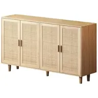 OKWISH Dressoir – 4 Deuren Rotan Opbergkast – 158×40×88 cm – Decoratieve Rotan Deuren – Verstelbare Plank – Spaanplaat Lichtbruin – Massief Hout Poten