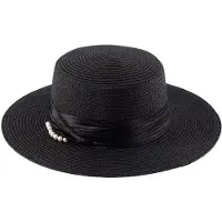 Emilie collection - Dames Hoed – zwart - Elegante Zomerhoed met Pareldetail – Bruiloft & Kerk – Brede Rand 8 cm