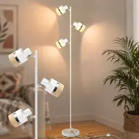 ZMH Vloerlamp woonkamer, staande lamp met 3 lampen, wit, E14, 350° verstelbaar, vloerlamp met voetpedaal, staande lamp, retro design, stoffen kap, geschikt voor slaapkamer