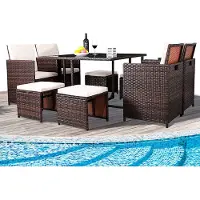 Markenlos Happyment Luxe tuinstoelset – voor 4–8 personen – met tafel, stoelen en krukken – wasbare kussens – tuinset voor buiten – beige / donkerbruin