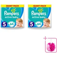 Pampers 2 x - Active Baby - Luiers - Maat 5 (11-16 kg) - Zachte Pasvorm - 64 Luiers - Bulkverpakking - Luiers voor baby - Douchemop - Droge huid