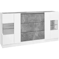OKWISH Dressoir - Met Ledverlichting - Woonkamer En Eetkamer - Mdf En Glas Wit Marmerlook - 140x35x75 Cm Met 2 Deuren 3 Lades