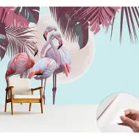 Wallfluent Zelfklevend Fotobehang - Roze Vliesbehang - 312x219 cm - Exotische Vogels Fotobehang - Woonkamer behang Dieren - Bubble Free Behang - Makkelijk Aan Te Brengen Behang