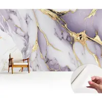 Wallfluent Zelfklevend Fotobehang - Wit Vliesbehang - 416x254 cm - Abstract Marmer Fotobehang - Hal behang Abstractie - Bubble Free Behang - Makkelijk Aan Te Brengen Behang