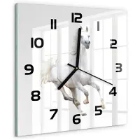 Tulup Wandklok - Wit Arabisch paard Klok Glas Met Opdruk - 30x30 cm - Wit Moderne Wandklok Glas - Zwarte handen - Vierkante Klok - Decoratieve Glazen Klok - Glazen Wandklok Design