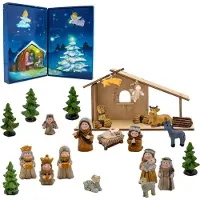 Markenlos Houten kerststal met kunststof figuurtjes, 26 x 13 cm. Adventskalender met 24 figuurtjes. Decoratie voor kerst en wintertafels