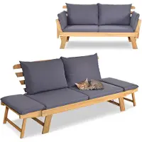 Markenlos Tweezits klapbank met kussens, met een frame van massief acaciahout. Deze grijze bank is geschikt voor 2 personen en ideaal voor op een balkon, terras of in de tuin