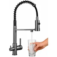 Fd 3-Weg Keukenkraan met Uittrekbare Douche & Waterfilter Aansluiting - Grijs