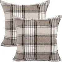 Snq Kussenslopen - 1 paar - Retro Farmhouse Sierkussenhoezen – 2 Stuks – 45x45 cm – Buffalo Tartan Ruit Patroon – Katoen en Linnen – Khaki Gestreept – Voor Bank en Sofa – 45×45 cm
