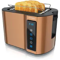 Arendo compacte broodrooster, 800 W, geschikt voor 2 boterhammen, met touchscreen, display met resterende tijdsaanduiding, 7 bruiningsgraden, geheugenfunctie, broodjesaccessoire, koperkleurig